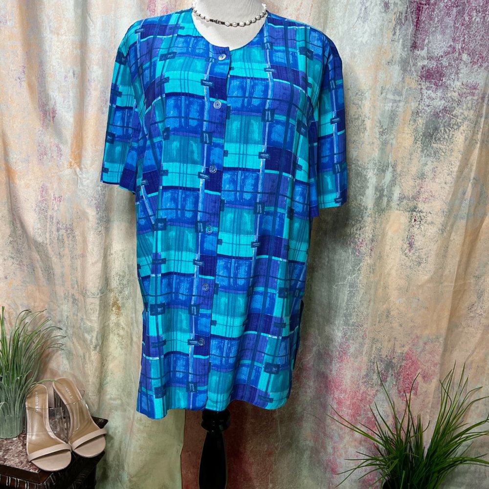 VTG📌Long Aqua Blue Viscose Blouse with Short Sleeves